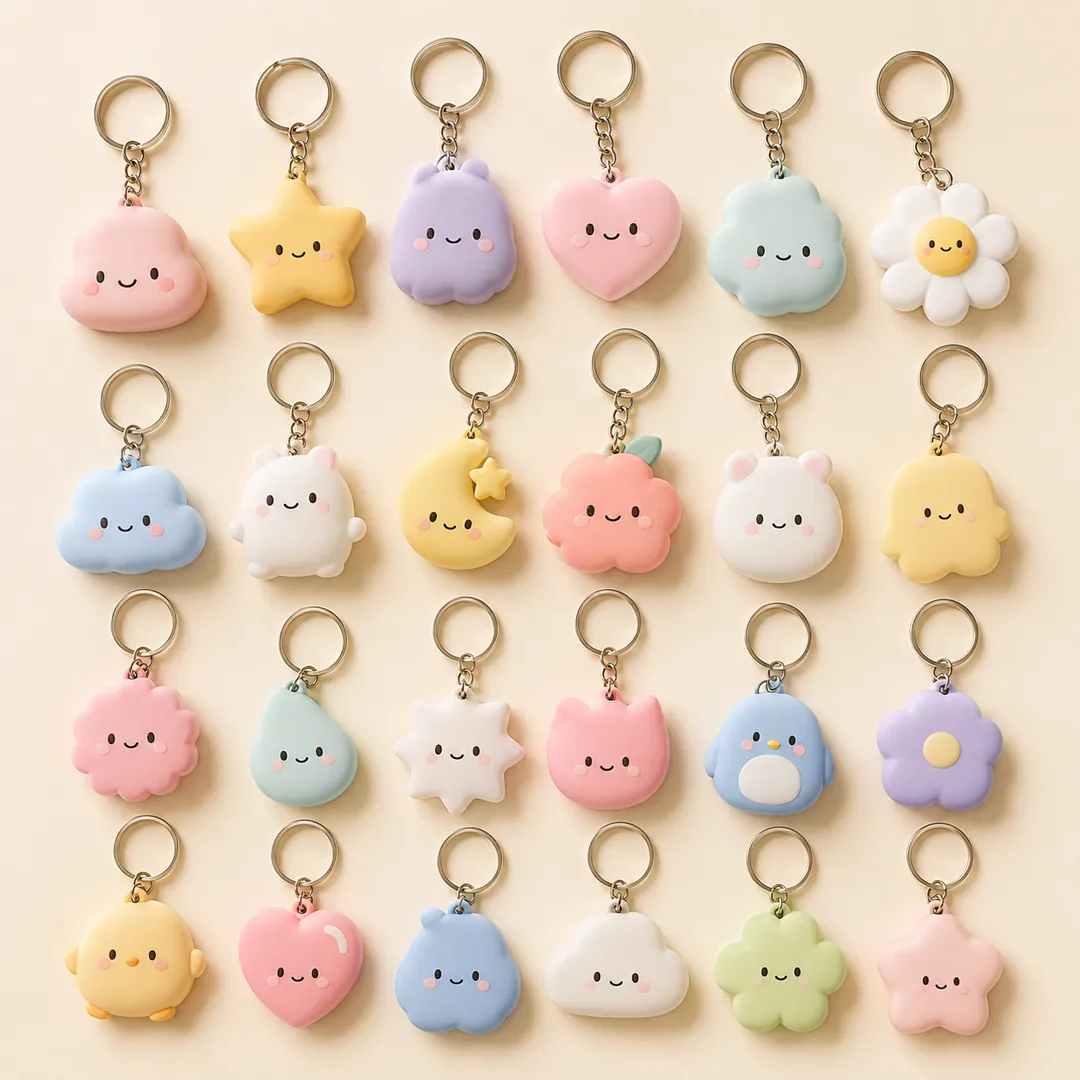 パステルカラーのめじるしアクセサリーを並べた様子